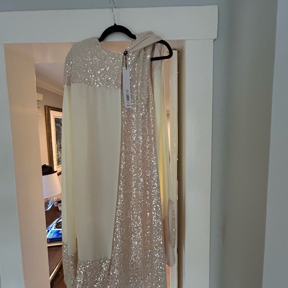 Baggley Mischka SC3829 Ivory Gold Sequined Midi Sheath with Georgette Cape - Picture 5 of 10